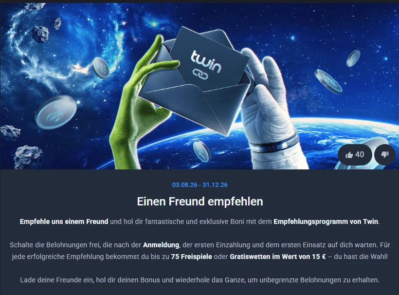 Twin Casino Empfehlungsprogramm mit Bonus für eingeladene Freunde