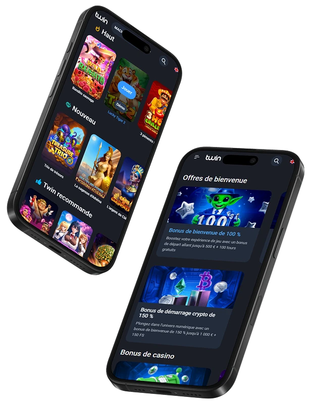 Application mobile Twin Casino affichant le catalogue de jeux et les offres de bienvenue.