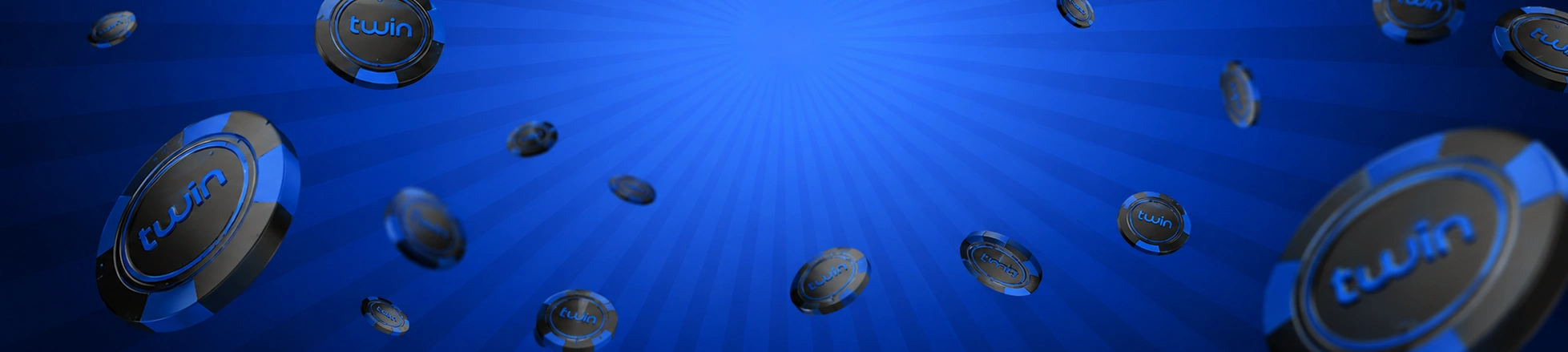 Twin Casino promotional banner for mobile with branded casino coins on a blue background