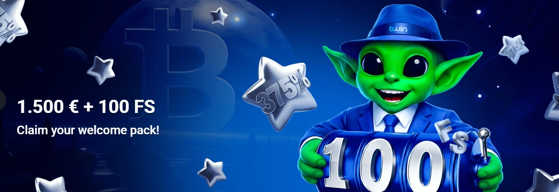 Twin Casino welcome banner showing €1,500 bonus and 100 free spins