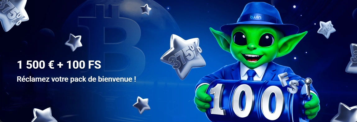 Bannière Twin Casino présentant le pack de bienvenue avec 100 tours gratuits.