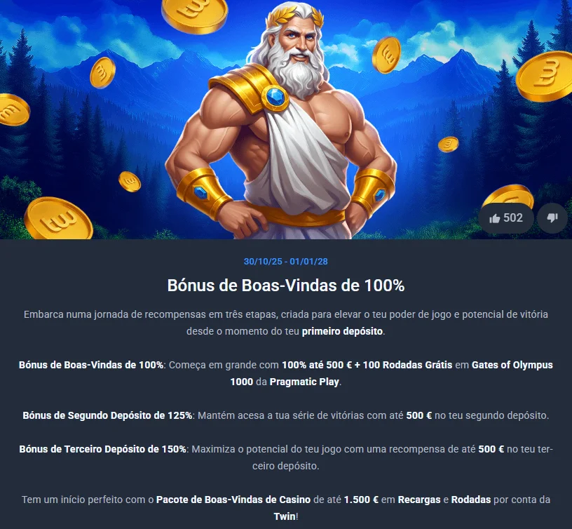 Bónus de boas-vindas Twin Casino com até 1500 € e 100 rodadas grátis