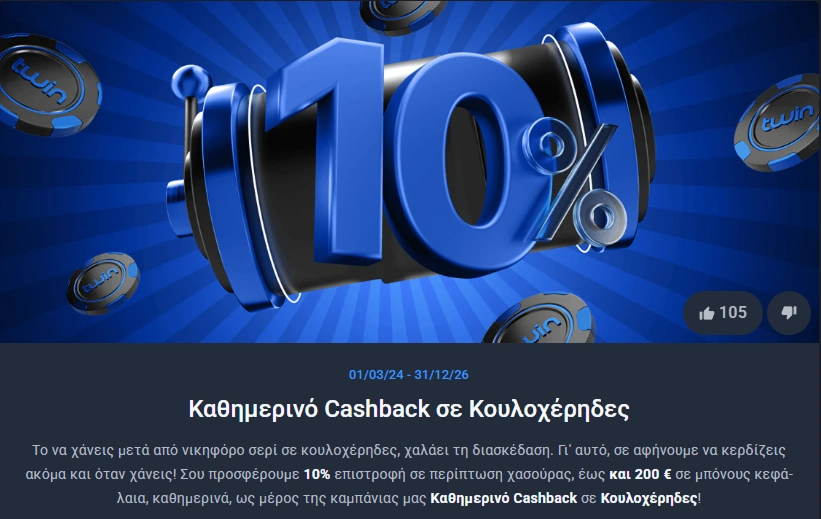 Μπάνερ Twin Casino για ημερήσιο cashback 10% στις απώλειες από φρουτάκια