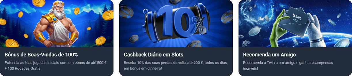 Ofertas do Twin Casino com bónus de boas-vindas, cashback diário e recomendação de amigos
