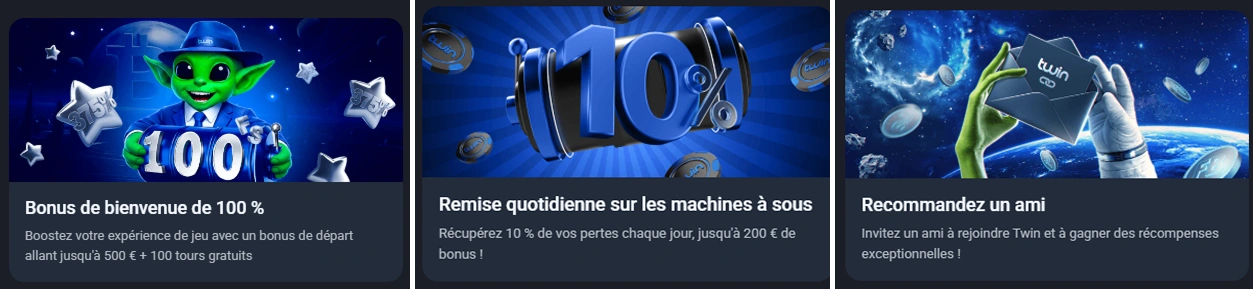 Offres de Twin Casino avec bonus de bienvenue, cashback quotidien et programme de parrainage.