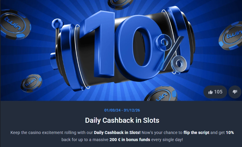 Twin Casino Daily Cashback in Slots promotion offering 10% back up to €200 in bonus funds every day