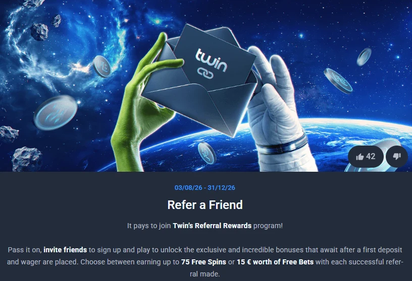 Twin Casino Refer a Friend promotion offering free spins or free bets