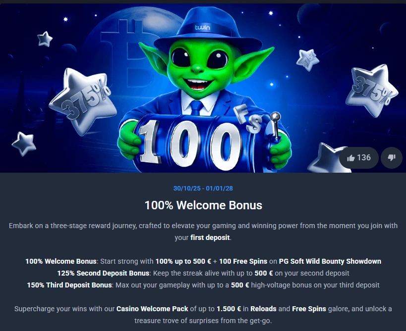 Twin Casino 100% Welcome Bonus with three deposit reward stages