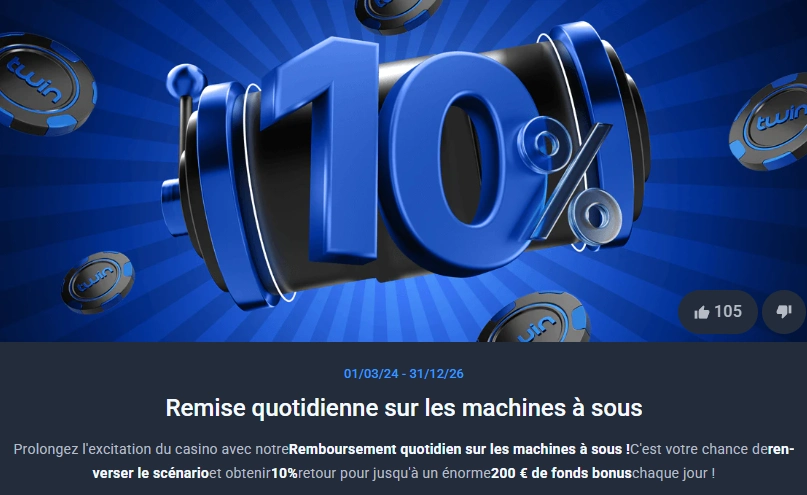 Bannière Twin Casino présentant un cashback quotidien de 10 % sur les machines à sous.