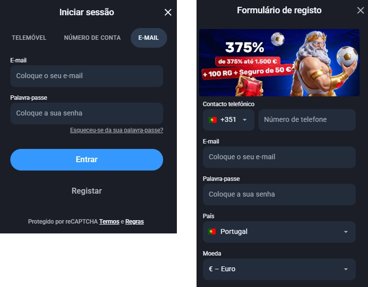 Formulários de login e registo de conta do Twin Casino