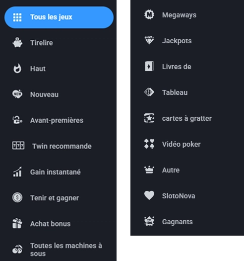 Menu des catégories de jeux du casino Twin avec plusieurs rayons de machines à sous.