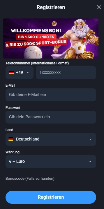 Twin Casino Registrierungsformular mit E-Mail, Passwort, Land und Währung