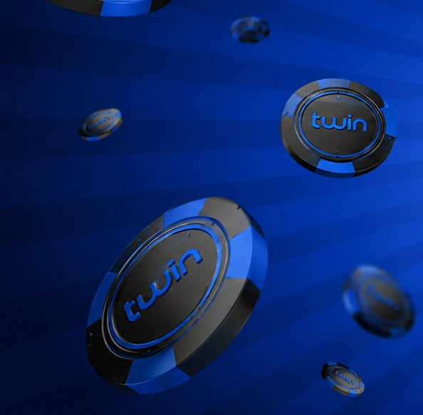 Twin Casino daily cashback banner for mobelr with 10% casino coins and a blue promotional background