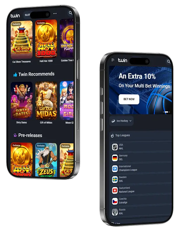 Twin Casino mobile app showing casino games, recommendations and sports betting