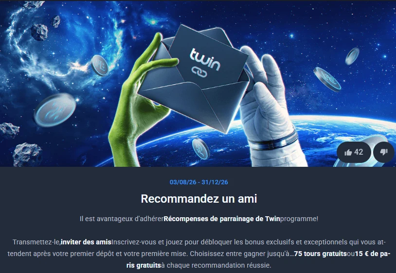 Bannière Twin Casino présentant le programme de parrainage et ses récompenses.