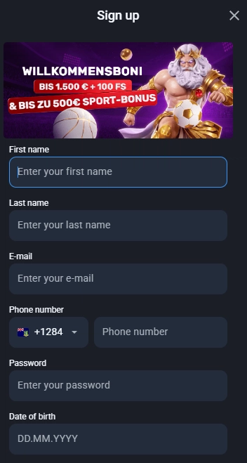 Twin Casino sign-up form with personal details, phone, password and date of birth fields