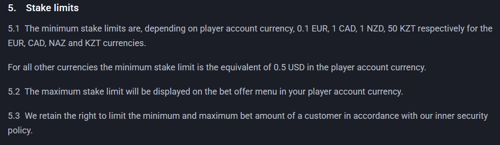 Twin Casino stake limits showing minimum and maximum betting limits by currency