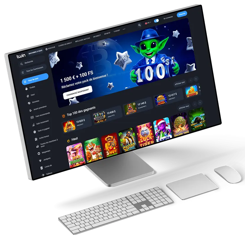 Site Twin Casino affiché sur un écran d'ordinateur avec les catégories de jeux et les offres.