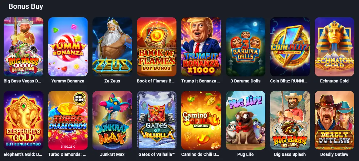 Twin Casino Bonus Buy shelf featuring slots with purchasable feature rounds