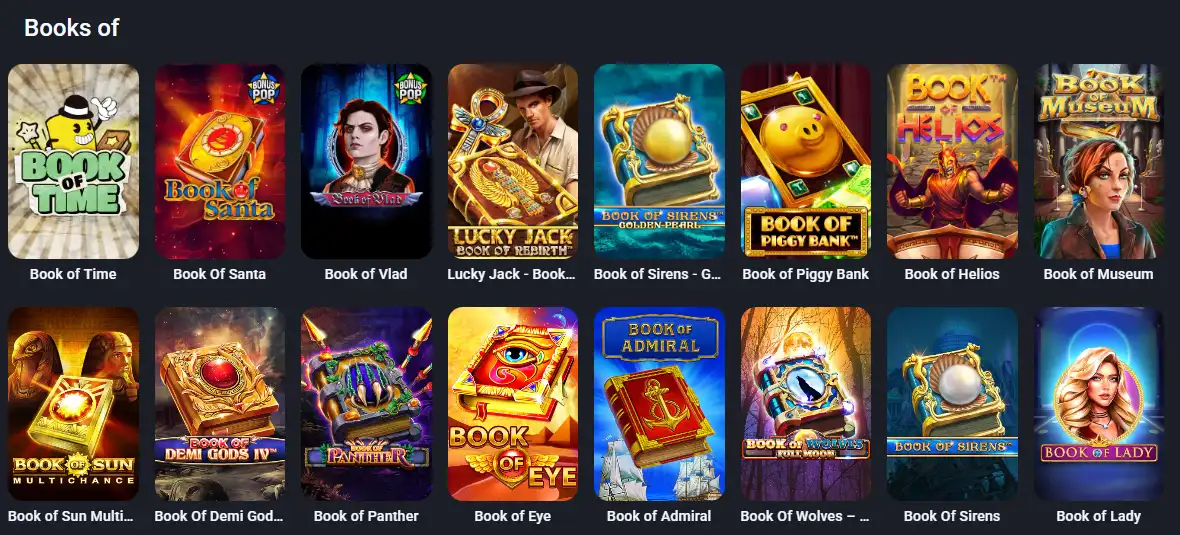 Twin Casino Books shelf featuring multiple book-style slot games