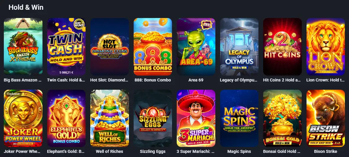 Twin Casino Hold & Win shelf featuring lock and respin slot games