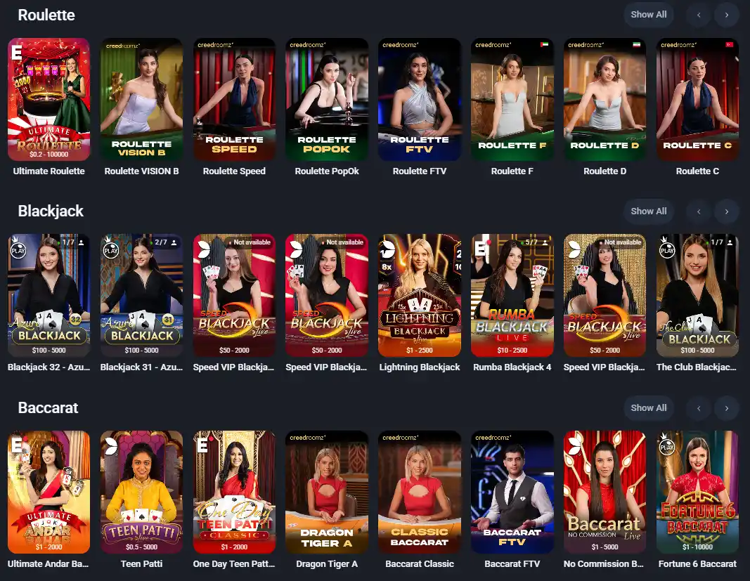 Twin Casino live casino featuring roulette, blackjack and baccarat tables