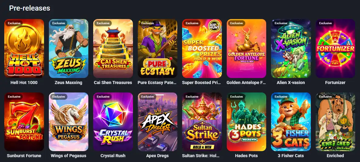 Twin Casino Pre-releases shelf featuring exclusive slot games