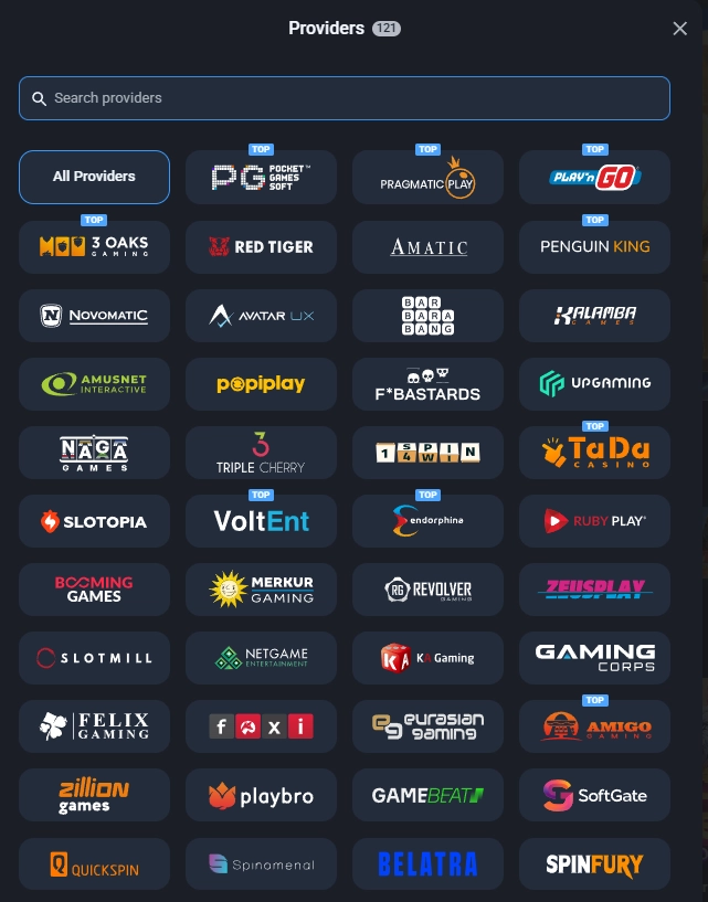Twin Casino provider list showing more than 100 game studios