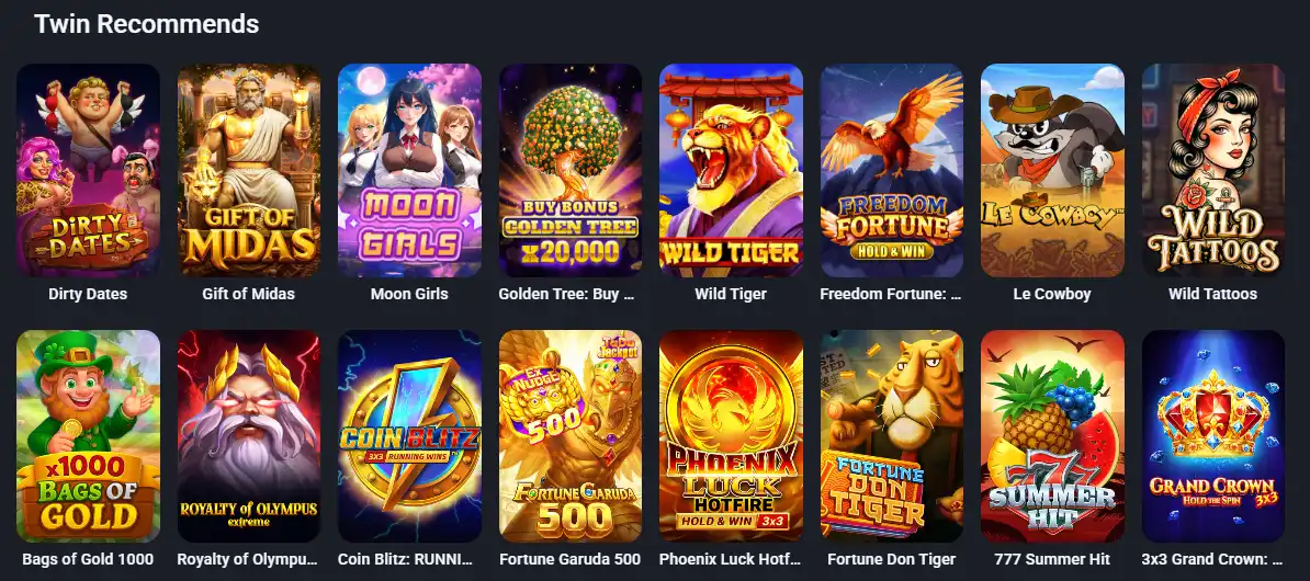 Twin Casino Twin Recommends shelf featuring selected slot games