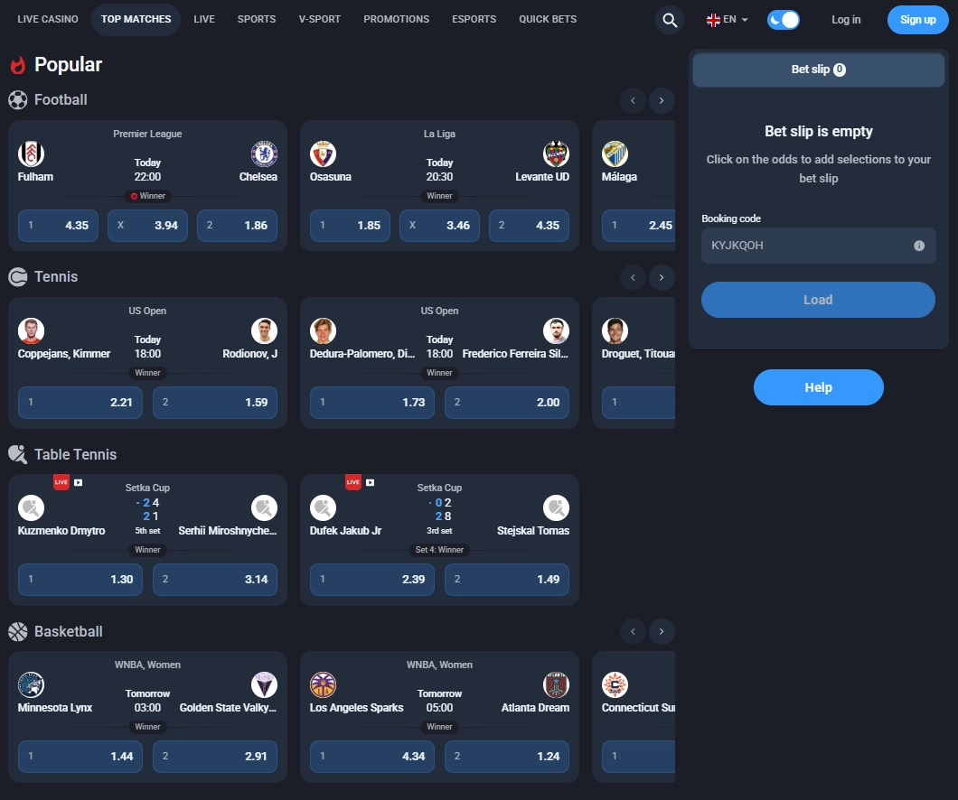 Twin Casino sportsbook showing top football, tennis and table tennis matches