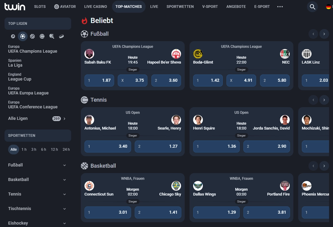 Twin Casino Sportwetten mit Fußball, Tennis, Basketball und weiteren Sportarten
